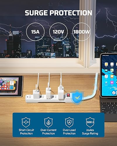 Miniatura 4 de DEWENWILS Paquete de 2 protectores de sobretensiones de 6 salidas con cable de extensión de 6 pies de largo, enchufe plano de perfil bajo, disyuntor