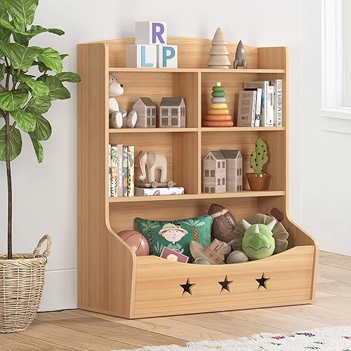 Curipeer Organizador de almacenamiento de juguetes para niños, estantería de madera de tres niveles y medio, para sala de juegos, guardería,