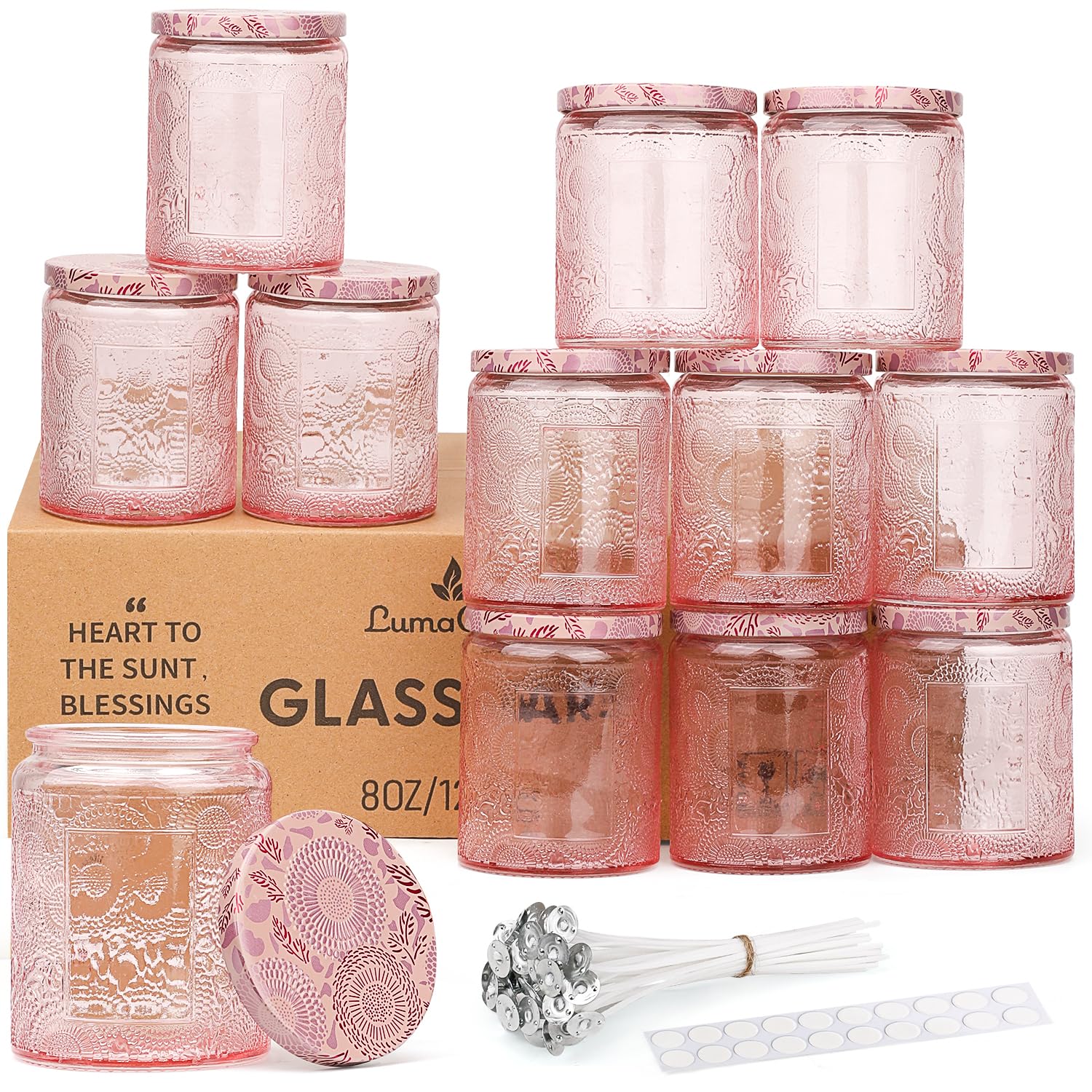 LumaCraft Candle Luxus Relief Kerzengläser zum Kerzen gießen- 12er Pack Leere Glasgefäße mit Luftdichtem Metalldeckel, 20pcs Dochte & 20 pcs Aufkleber - 240ML