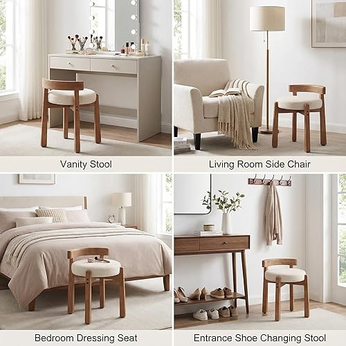 Miniatura 3 de DUOMAY Otomana moderna de lino, otomana tapizada de maquillaje con respaldo bajo con patas de madera maciza, lindo reposapiés redondo, sillas de