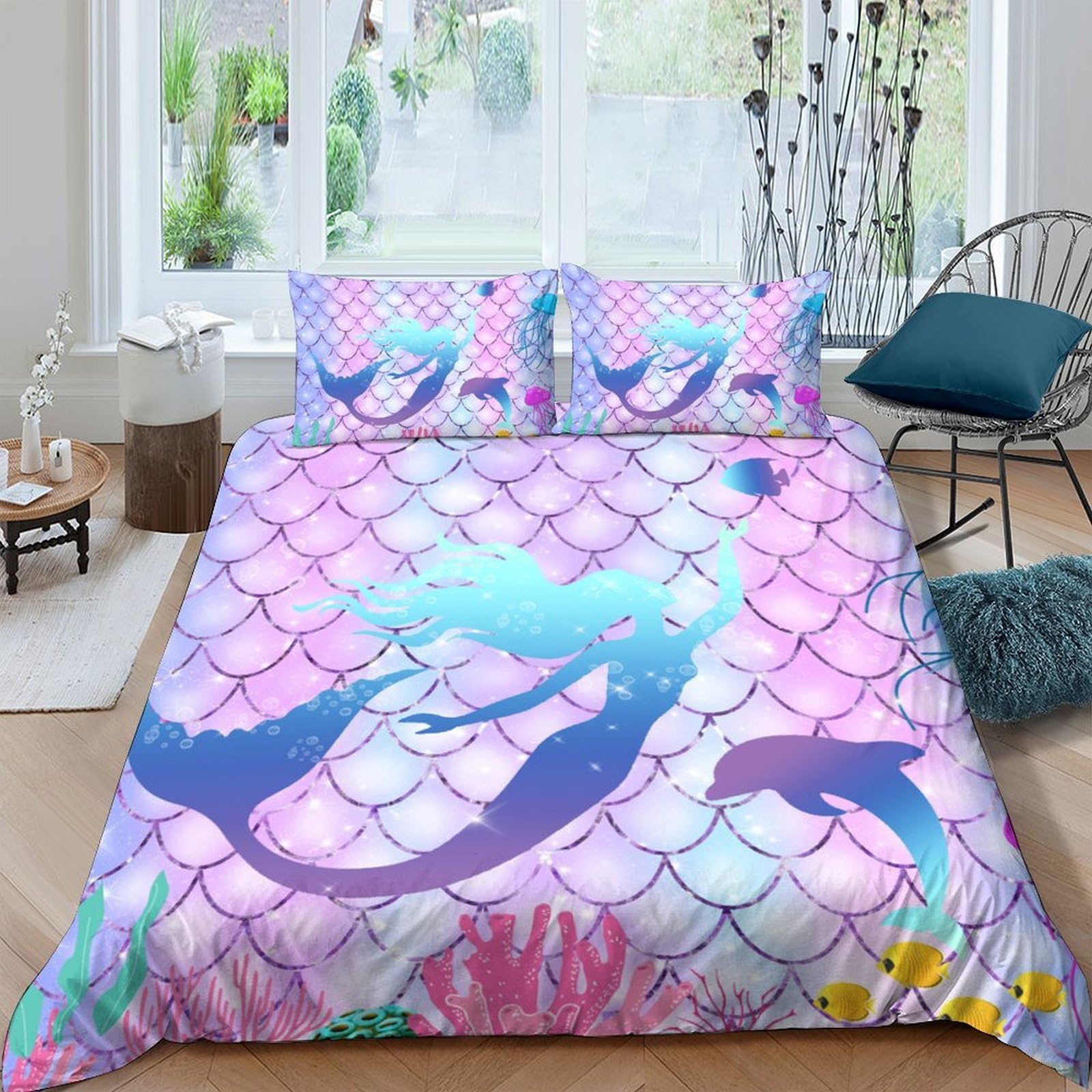 GPLZQXKJNH 3D Printed Mermaid Scales Duvet Cover Microfiber Soft Pastel Ocean Bedding Set with 2 Pillowcases for Bedroom Home Single（135x200cm）