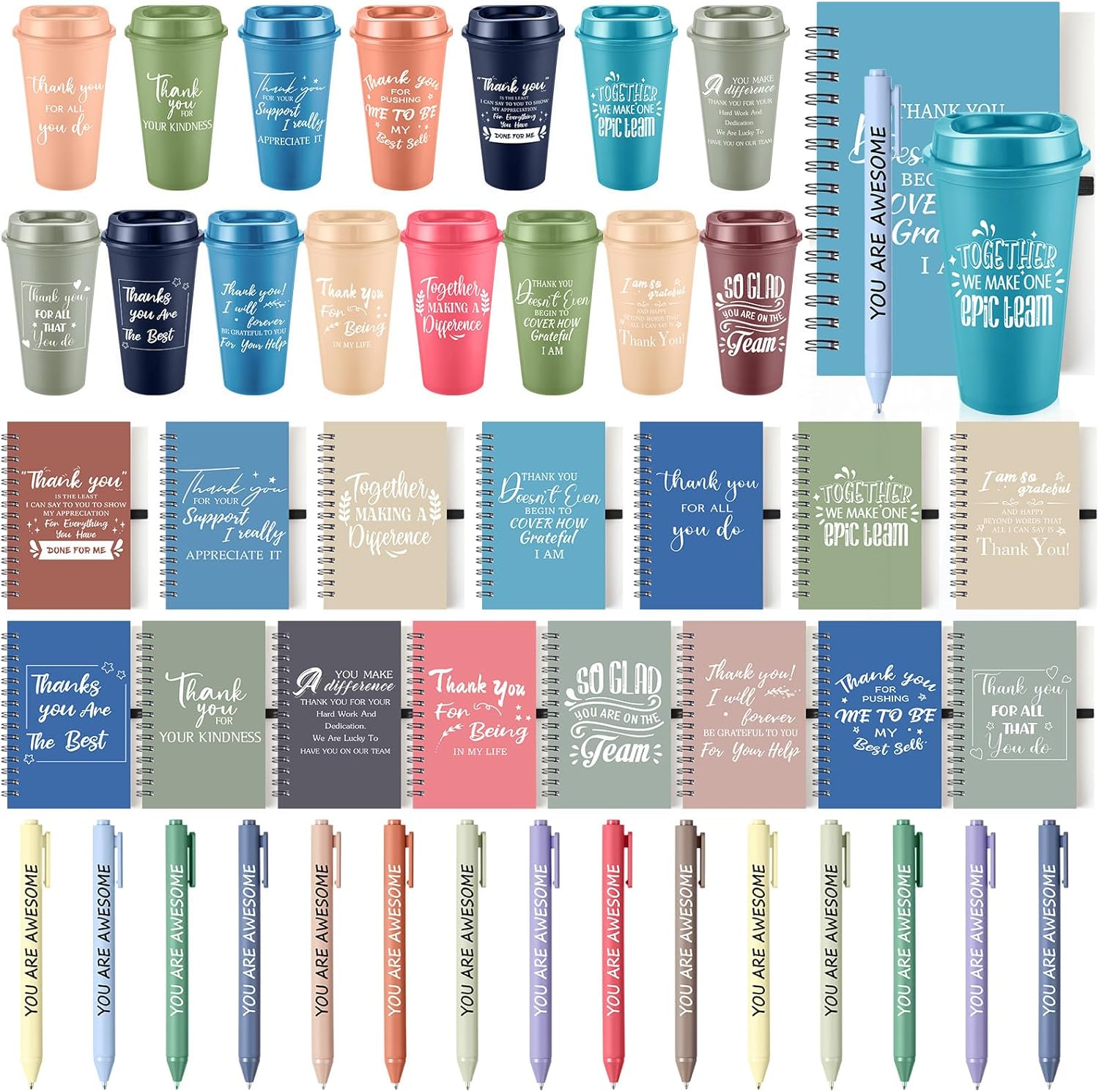 AmazingSpark 45 Pcs Employee Appreciation Gift Bulk 16 oz Plastic Tumbler Cups with Lid Notebooks Pens Bulk Thank You Gifts for Housekeeping Week Christmas Teacher Coworker Team(Macarons,Thank You)