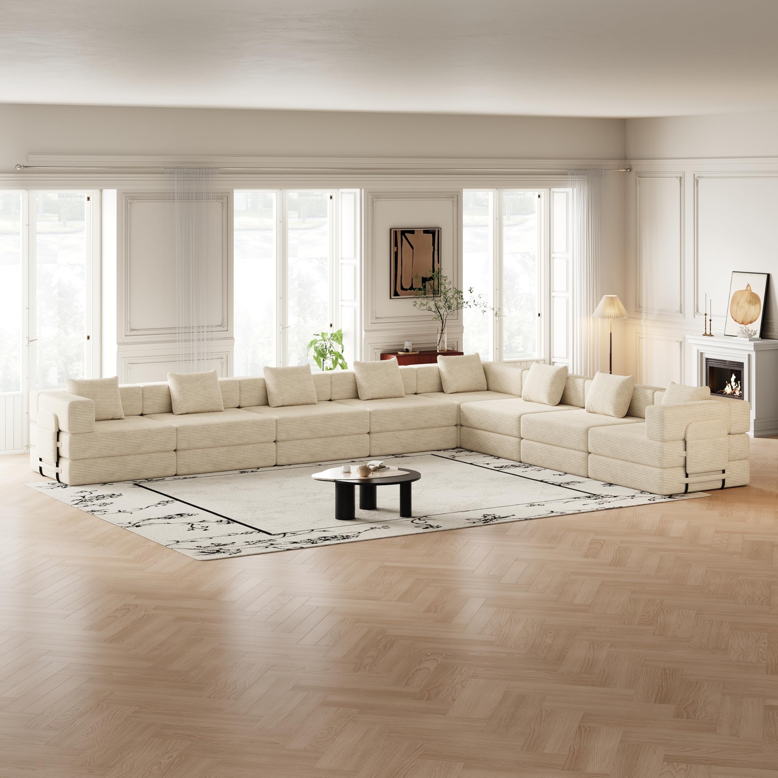 KEIKI Convertible Sofa Bed, 8 Seat Folding Sofa Bed with Side Pocket, Chenille Folding Mattress Sleeper Couch for Living Room, Beige