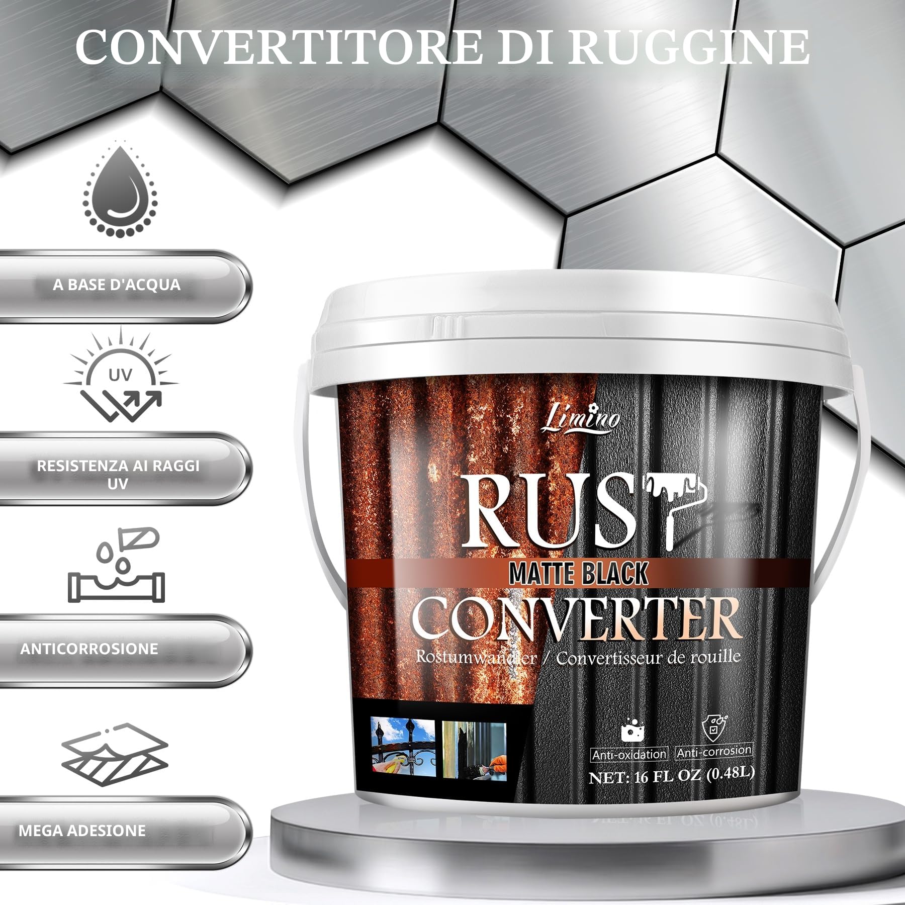 Convertitore di Ruggine - Vernice Antiruggine e Primer di Metallo Nero - Dissolvant di Ruggine, Effetto Anti-Rust Resistente, Vernice Inibitore della Ruggine per Auto e Superfici Metalliche (473ml)