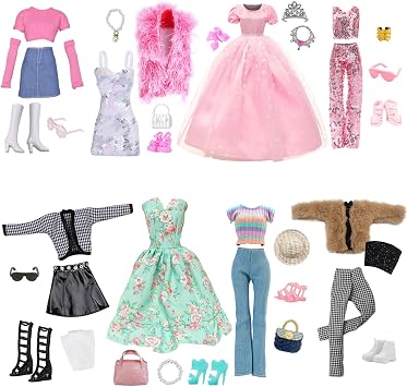 28 Pcs Clothes and Accessories Compatible with Barbie, 8 set Stylish Clothes Princess Gown Dress Outfits 8 Pair of Shoes 12 Accessories Bag Hat Glasses Crowns Jewelries 11.5 Inch Doll Gifts for Girls