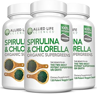 Allied Life Sciences Spirulina and Chlorella | Organic Chlorophyll Vegan Protein Powder Green Superfood Capsules | Natural Immune Support (3 Bottle Pack)