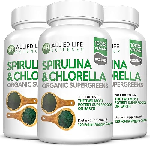 Allied Life Spirulina y Chlorella | Proteína vegana de clorofila orgánica en polvo Green Superfood Cápsulas | Apoyo inmunológico natural (paquete de