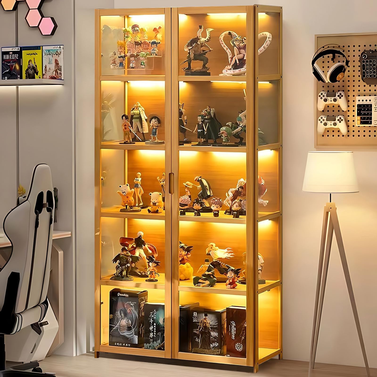 Curio Display Cabinet, 5-Tier Display Case with Acrylic Glass Doors, 63" Tall Transparent Bamboo Curio Display Shelf for Collectibles, Storage Cabinet for Playroom, Bedroom, Office, Living Room, Black