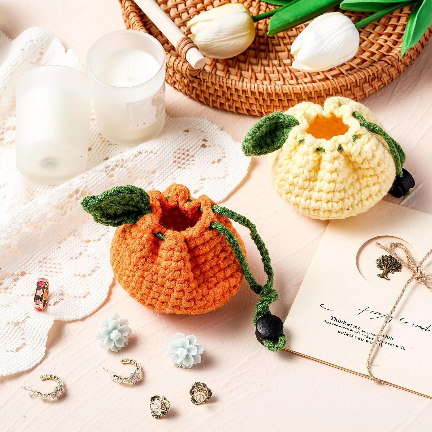 Lyrow 2 Pcs Mini Crochet Pouch Cute Coin Purses Handmade Coin Purse Orange Jewelry Crochet Pouch Small Tangerine Shaped Bag Drawstring Knitting Wallet for Women Change Keychain Earbuds Dice Yellow