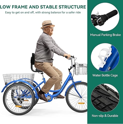 Miniatura 7 de YITAHOME Triciclo para adultos de 7 velocidades, bicicletas de 3 ruedas de 24 y 26 pulgadas, bicicleta de triciclo para adultos con cestas