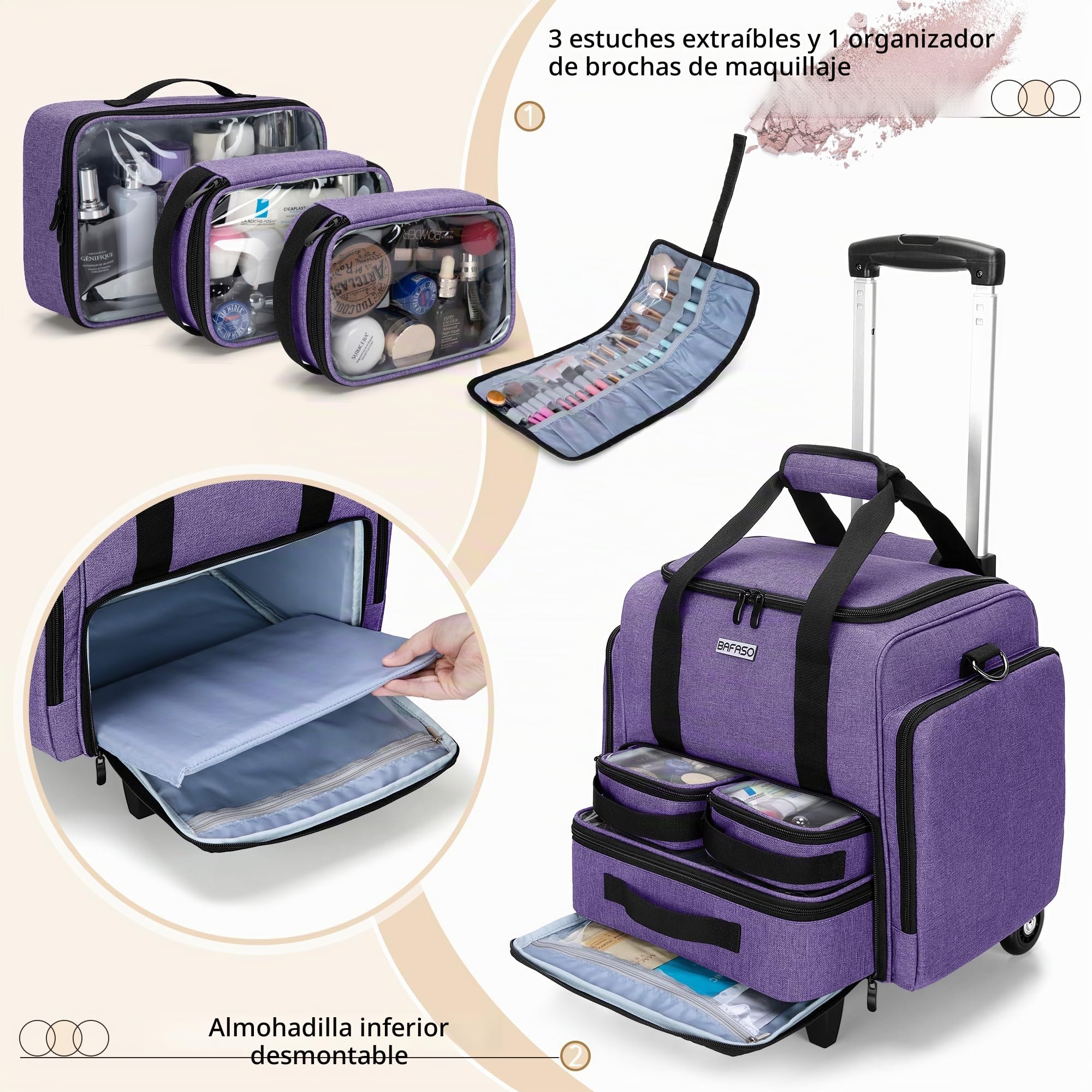 BAFASO Estuche para Cosméticos con Ruedas, Bolsa de Maquillaje de Viaje