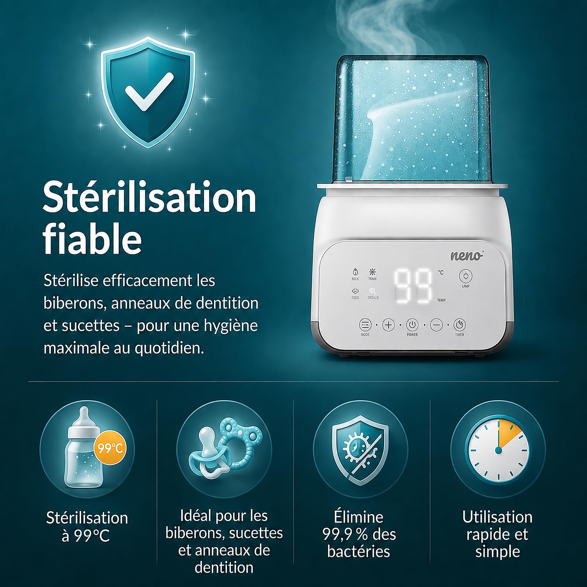 Neno VITA, Chauffe-Biberon Bébé et Stérilisateur pour Biberons, Chauffe Lait Bébé 5-en-1: Stérilisation, Chauffage du Lait et des Repas, Décongélation, Maintien au Chaud, 4 Modes de Fonctionnement