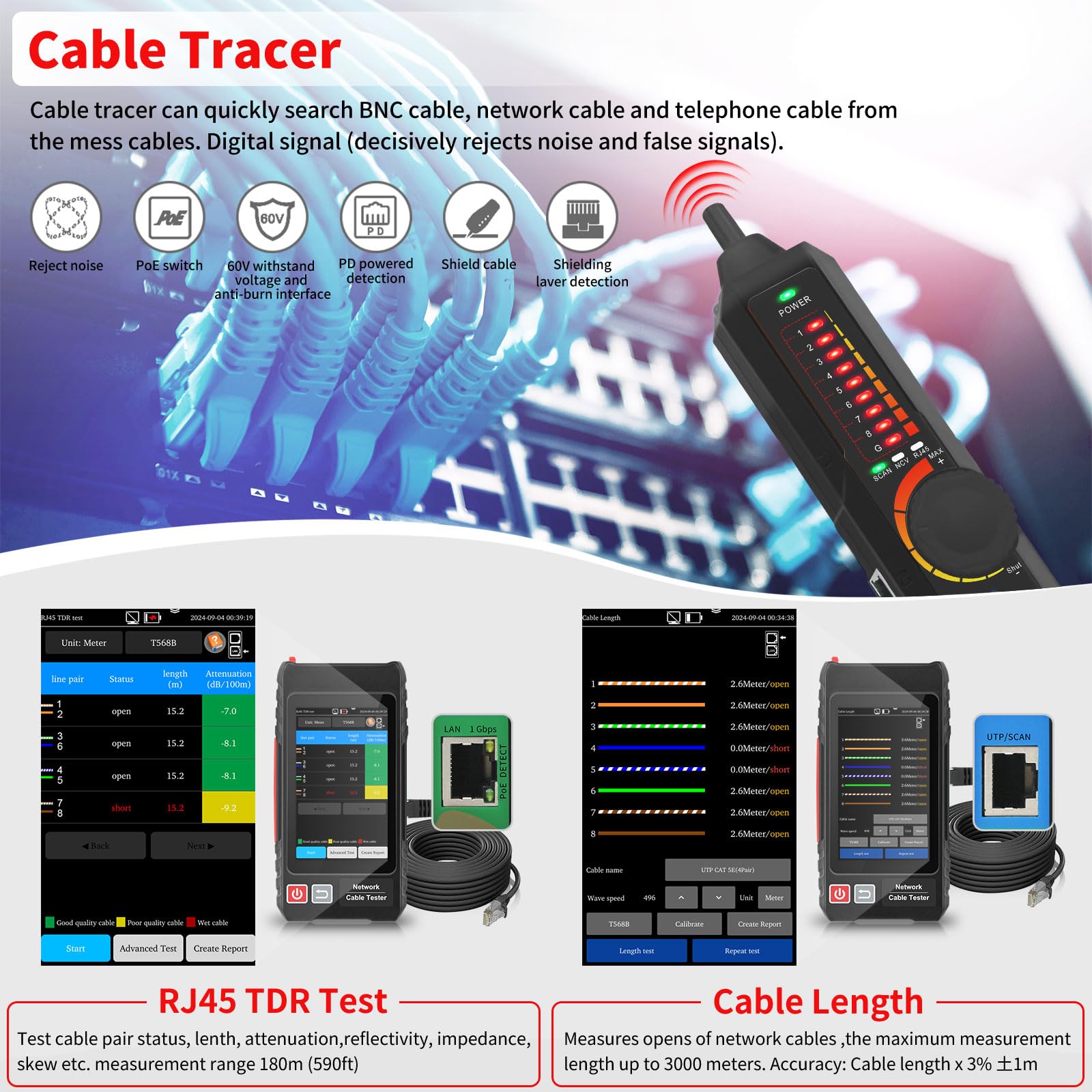 Henkion Testeur Câble Réseau RJ45 Professionnel avec Écran IPS 4", Ethernet Tester Rechargeable, Outils Réseau, Détection POE++, Mesureur de Longueur de Câble, Test TDR RJ45, NCV, Alimentation PD, FTP