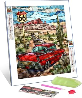 Native America Diamond Painting for Adults s,US Route 66 DIY 5D Full Drill Crystal Art Paint 16x12 inch,Red Car Paintwork Arizona Desert HD Canvas Diamond Craft Home Room Decor Gift(DIY Frame)