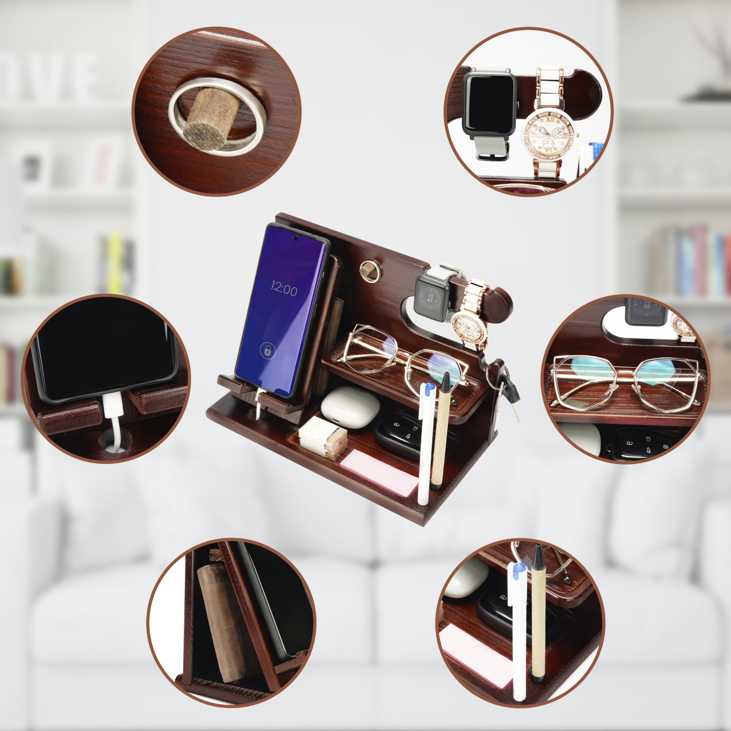 Belle Vous Support Telephone en Bois Marron Foncé - Table de Nuit et Table de Chevet - Vide Poche pour Portefeuille, Montre, Clés et Gadgets - Cadeau Anniversaire Homme, Père