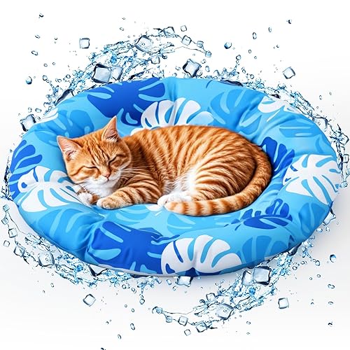 Drydiet Pet Cooling Mat for Medium Dogs and Cats, 25.2'' x 25.2'' Thickened Round Blue Pad Anti-Grab Internal Gel Without Water Filling, Lightweight, Washable, Playmat for Indoor/Outdoor