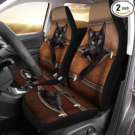 Funny Bombay Cat Zip Print Car Seat Covers,2 Pcs Auto Seat Cover for Front, Universal Elastic Vehicle Seats Cushion Automotive Interior Protection Accessories for Women