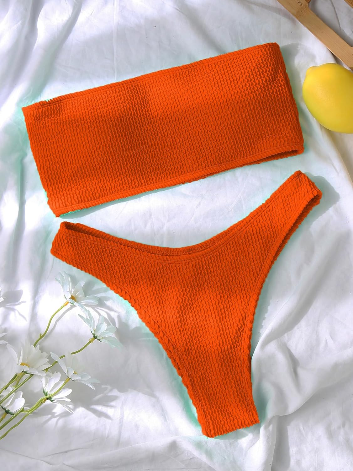 YIMISAN Women's Two Piece Bandeau Swimsuit Ribbed Strapless Tube Bikini Top with Mid Waist Cheeky Bottom Bathing Suit - Image 5