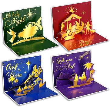 Spiareal 4 Pcs Nativity Pop up Christmas Card with Envelopes Religious 3D Pop up Greeting Cards Christian Christmas Cards for Xmas Holiday Birthday Greeting Men Women SuppliesGold Foil