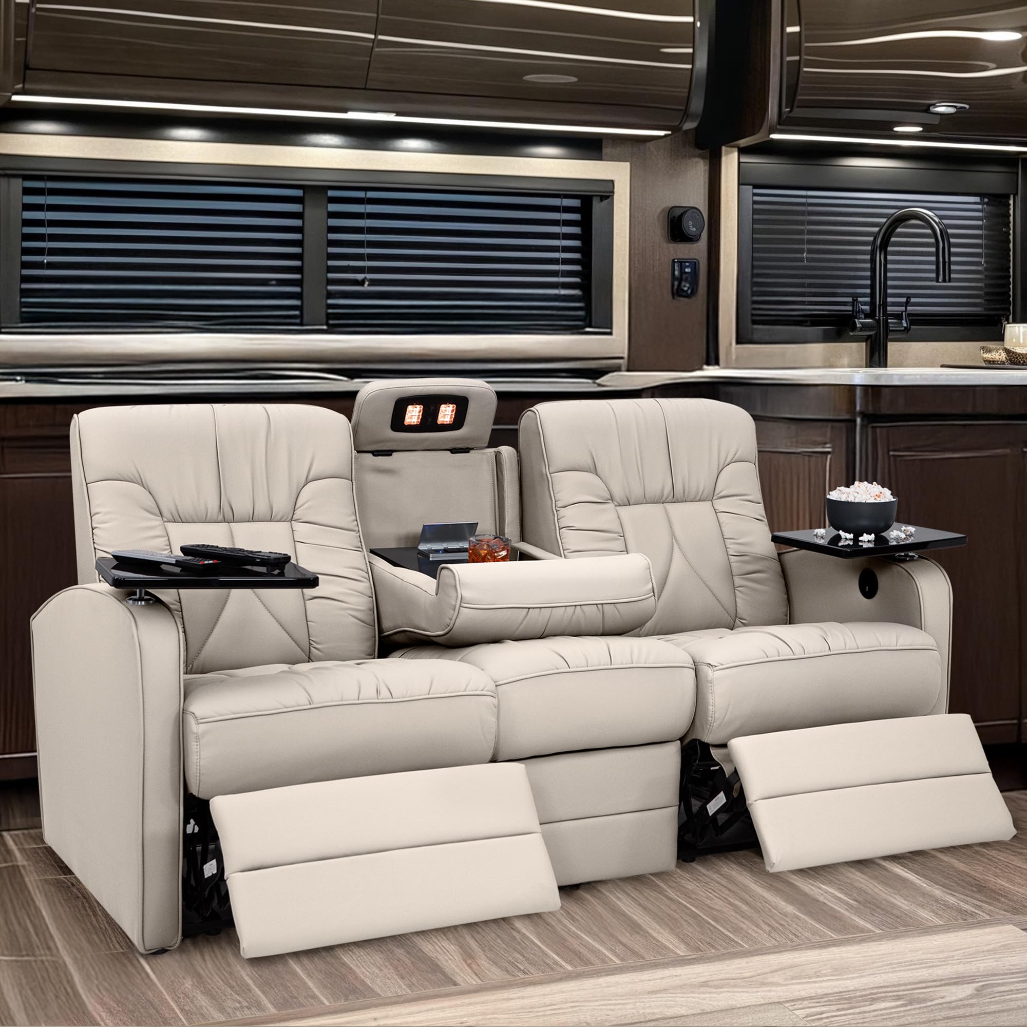 De Leon RV Double Recliner Sofa, Ultimate Leather, Heat and Massage, Power Recline, Bisque