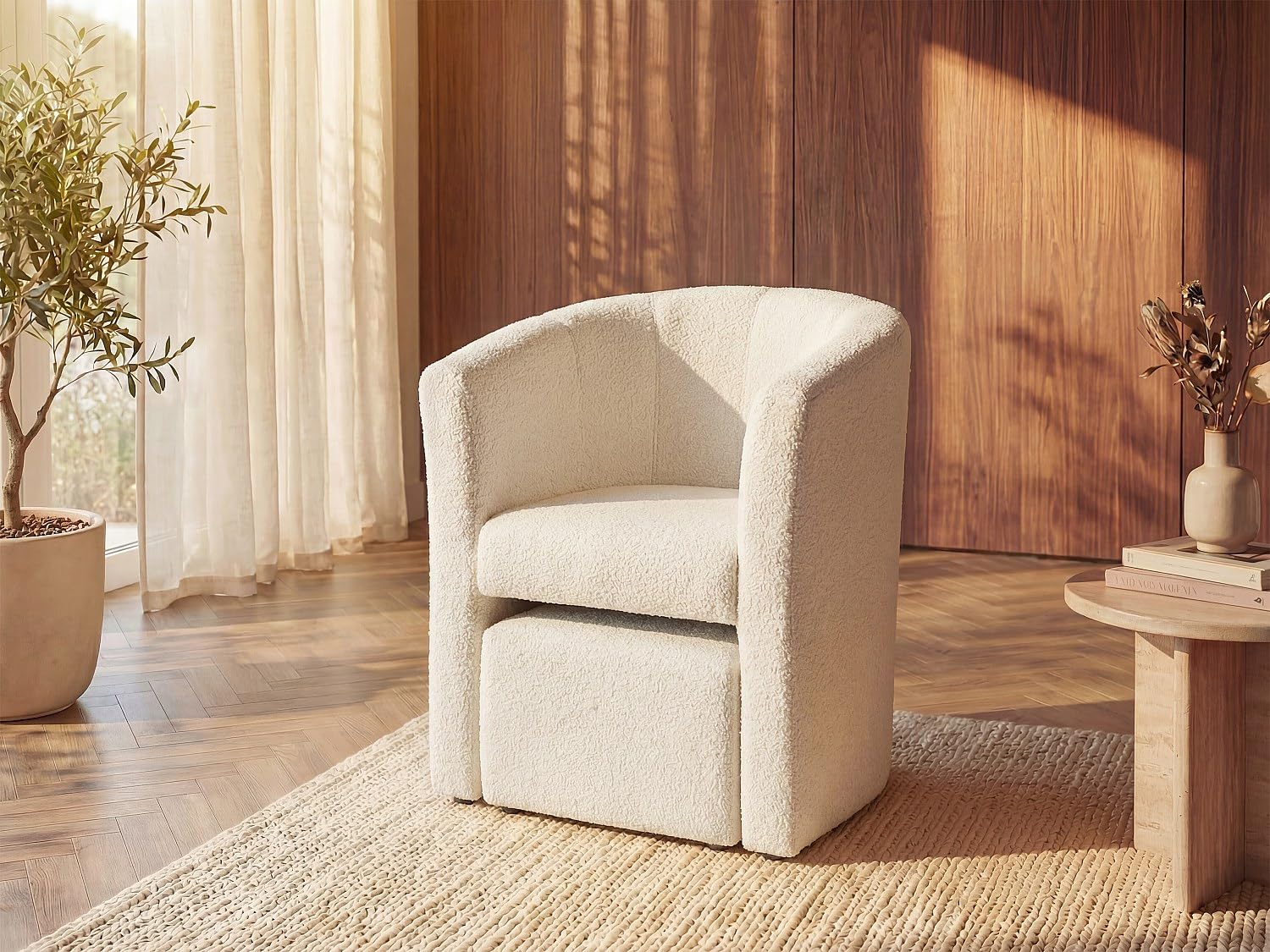 Vente-unique - Fauteuil Cabriolet et Pouf en Tissu Bouclette Blanc Jovana