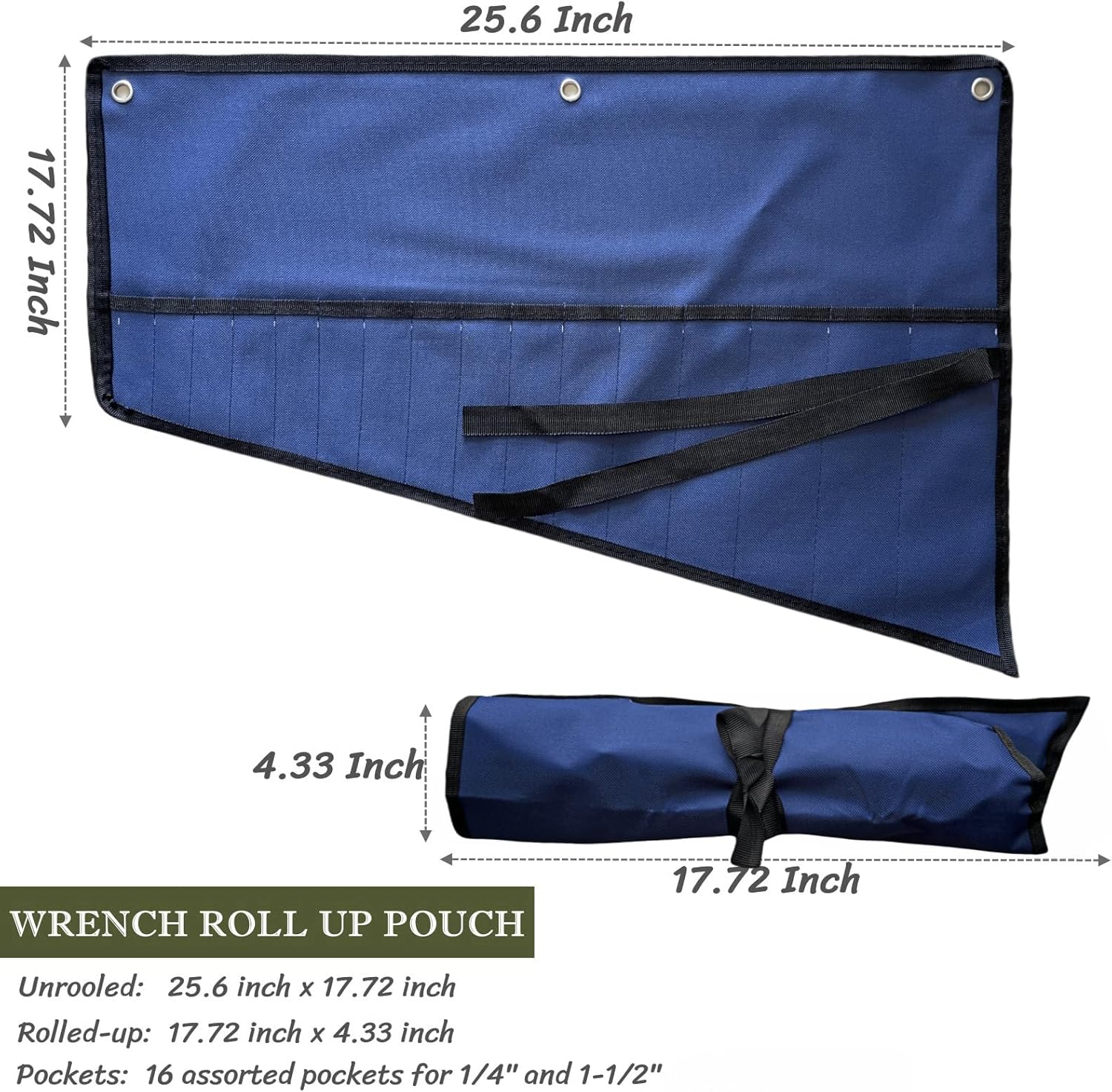 BLIRITEL 16 Pockets Wrench Roll Up Pouch, Wrench Roll Organizer and Tool Storage, Rolled Tool Pouch for Mechanic Electrician Craftsman (Blue)