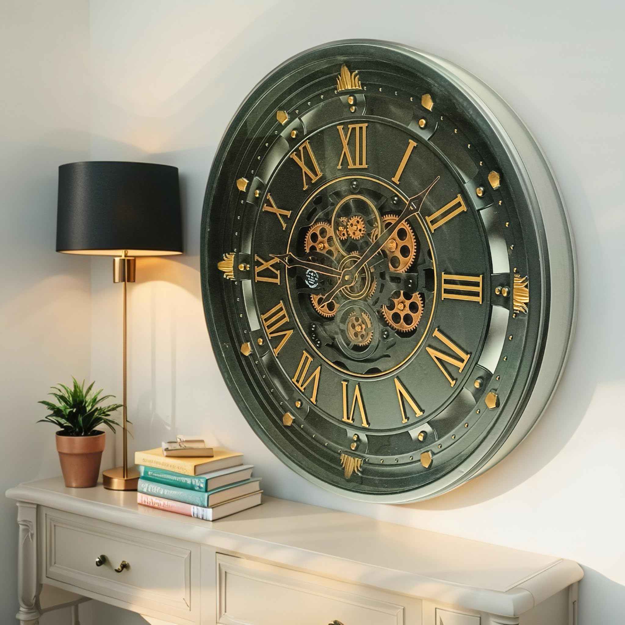 ImprovingLife The Gears Clock Horloge murale de 66 cm (26 pouces) avec véritables engrenages mobiles Ligne Belgique avec couvercle en verre (Noir, 66 cm (26 pouces))