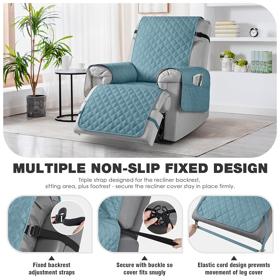 TAOCOCO 100% Waterproof Recliner Chair Covers, Reversible Recliner Covers with Leg Straps, Washable Recliner Sofa Covers for Reclining Chair Furniture Dog Protector with Pocket (Sky Blue, 23.6'') - image 5