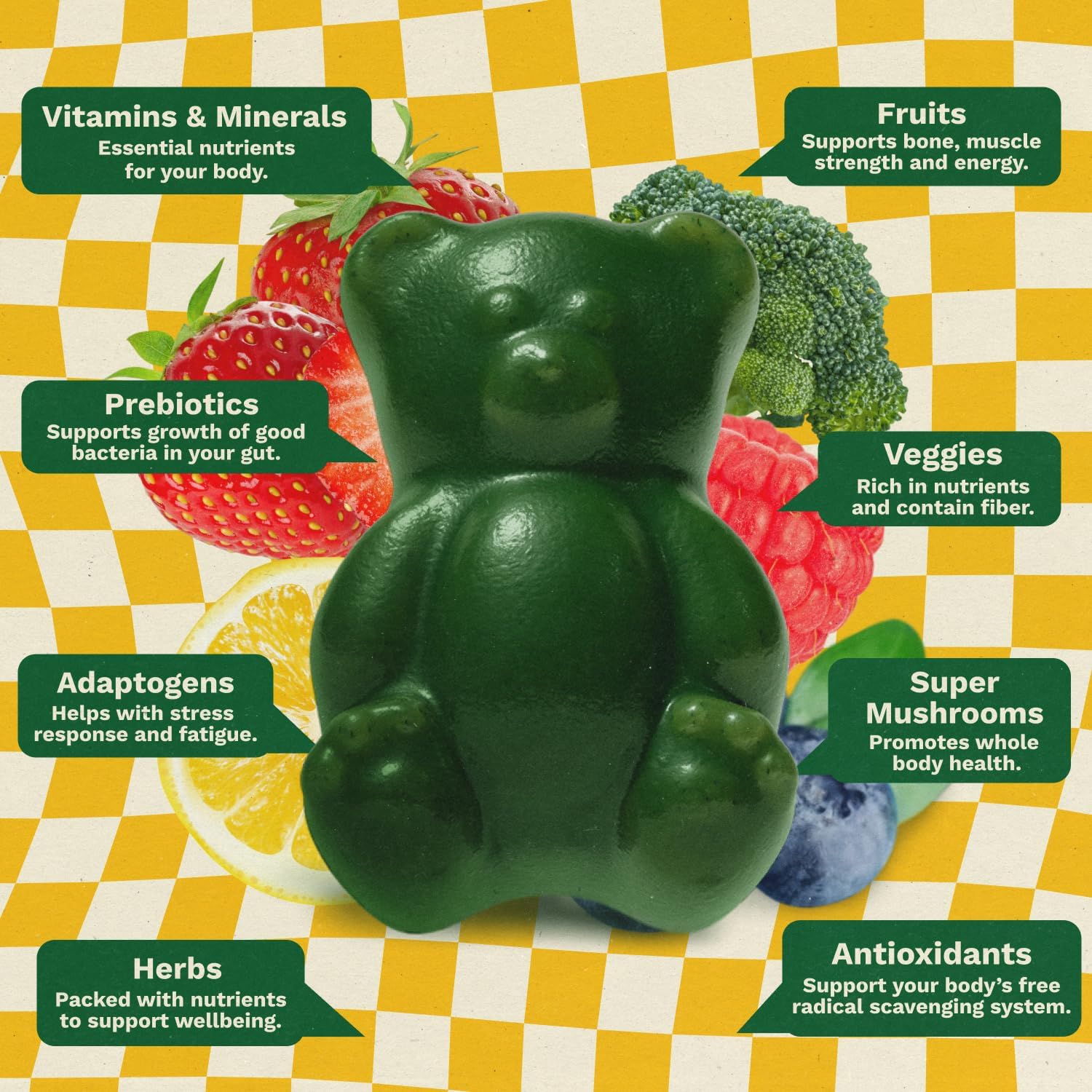 Gruns Multivitamin for Kids, Super Greens Gummies, Superfood Gummy Bears with 20+ Vitamins & Minerals, Spirulina, Chlorella, Alfalfa, Prebiotics Fiber for Digestive Health, Adaptogens Supplement, 28ct - Image 4