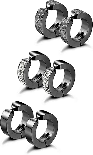 Jstyle 3 Pairs Stainless Steel Mens Womens Hoop Earrings Clip On CZ Non-Piercing
