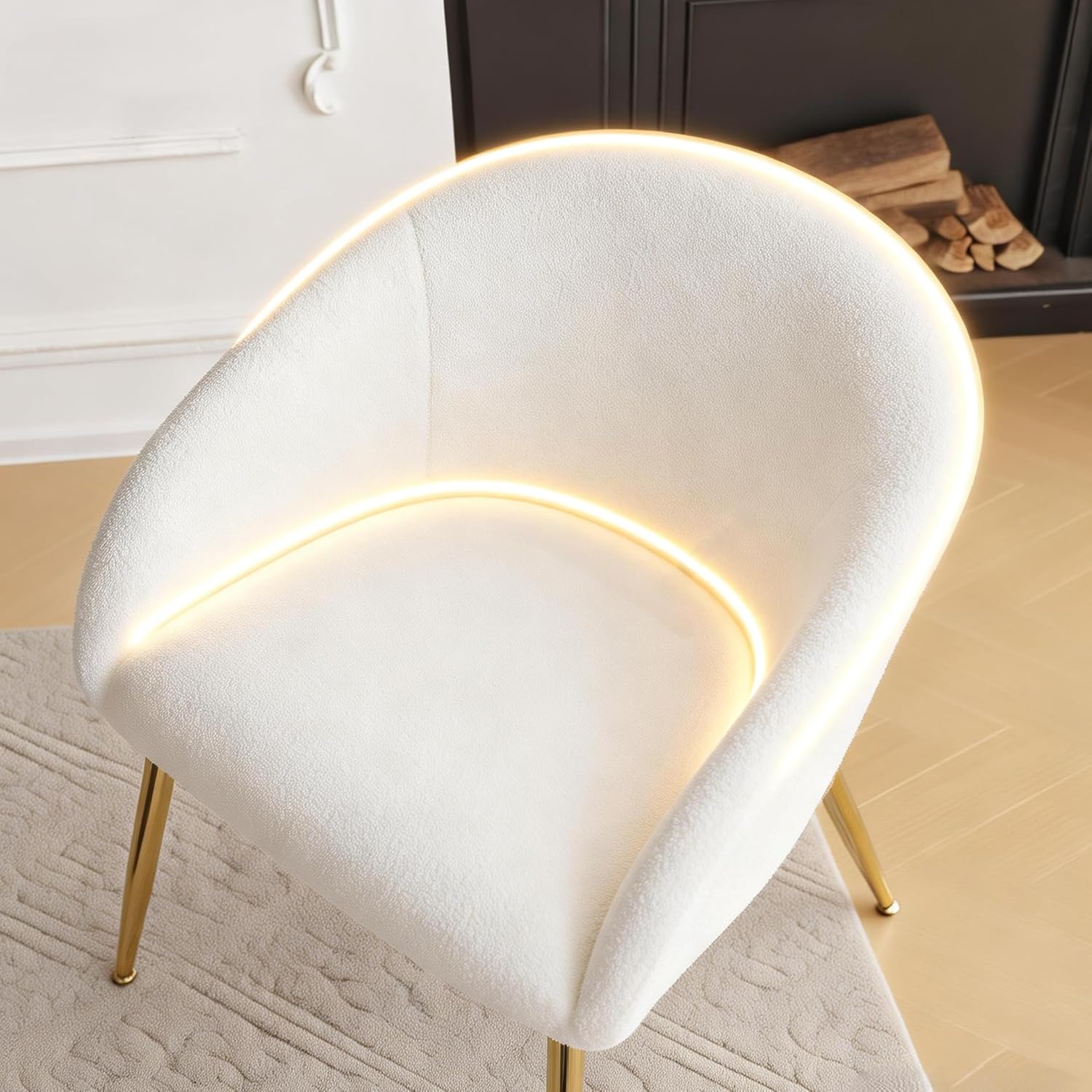 YDcosyfy Modern Small Accent Chair, Comfy Sherpa Makeup Vanity Chair with Golden Metal Legs, Decorative Chair no Wheels for Living Room, Dressing Room, Bedroom, White