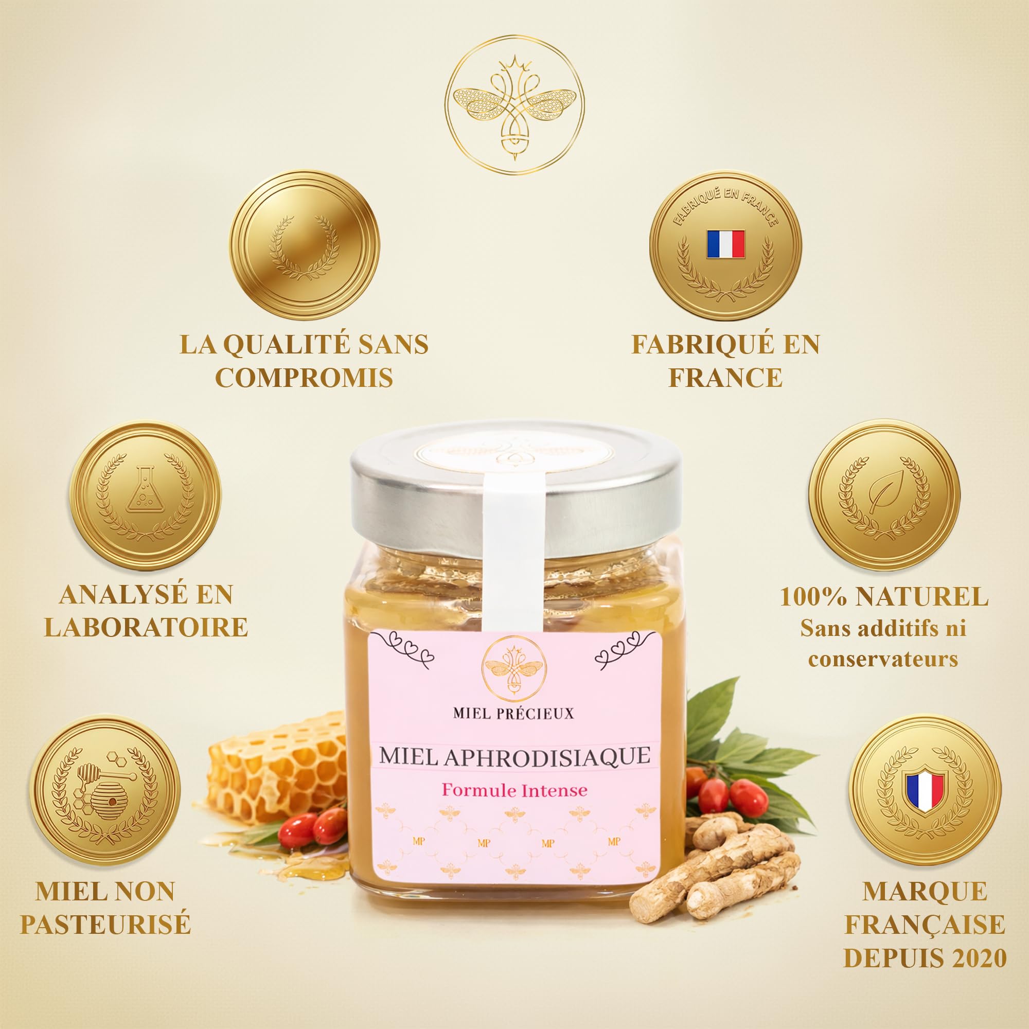 Miel Aphrodisiaque Puissant Ginseng Rouge, Maca, Tribulus, Ashwagandha | Énergie et Vitalité pour Homme et Femme | 100% Naturel | 250g | Miel Précieux
