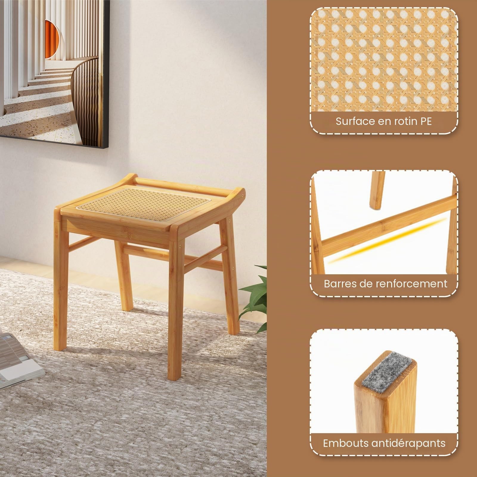 HOMASIS Tabouret de toilette de maquillage en bambou, banquette assise en bambou et rotin capacité de charge jusqu'à 120 kg, petite chaise cosmétique coiffeuse, salon, chambre à TF11088XKES