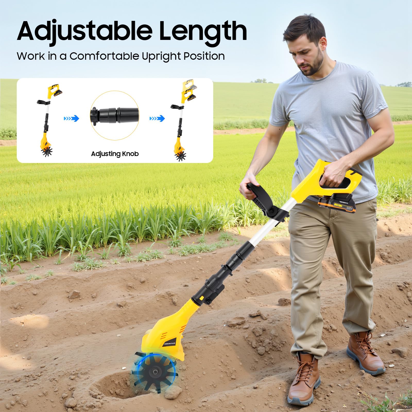 Azada de tierra con batería de 20 V y cargador, cultivador de 250 rpm, motoazada eléctrica, herramientas de jardín para cultivo de suelo, ancho de trabajo: 10 cm | profundidad de trabajo: