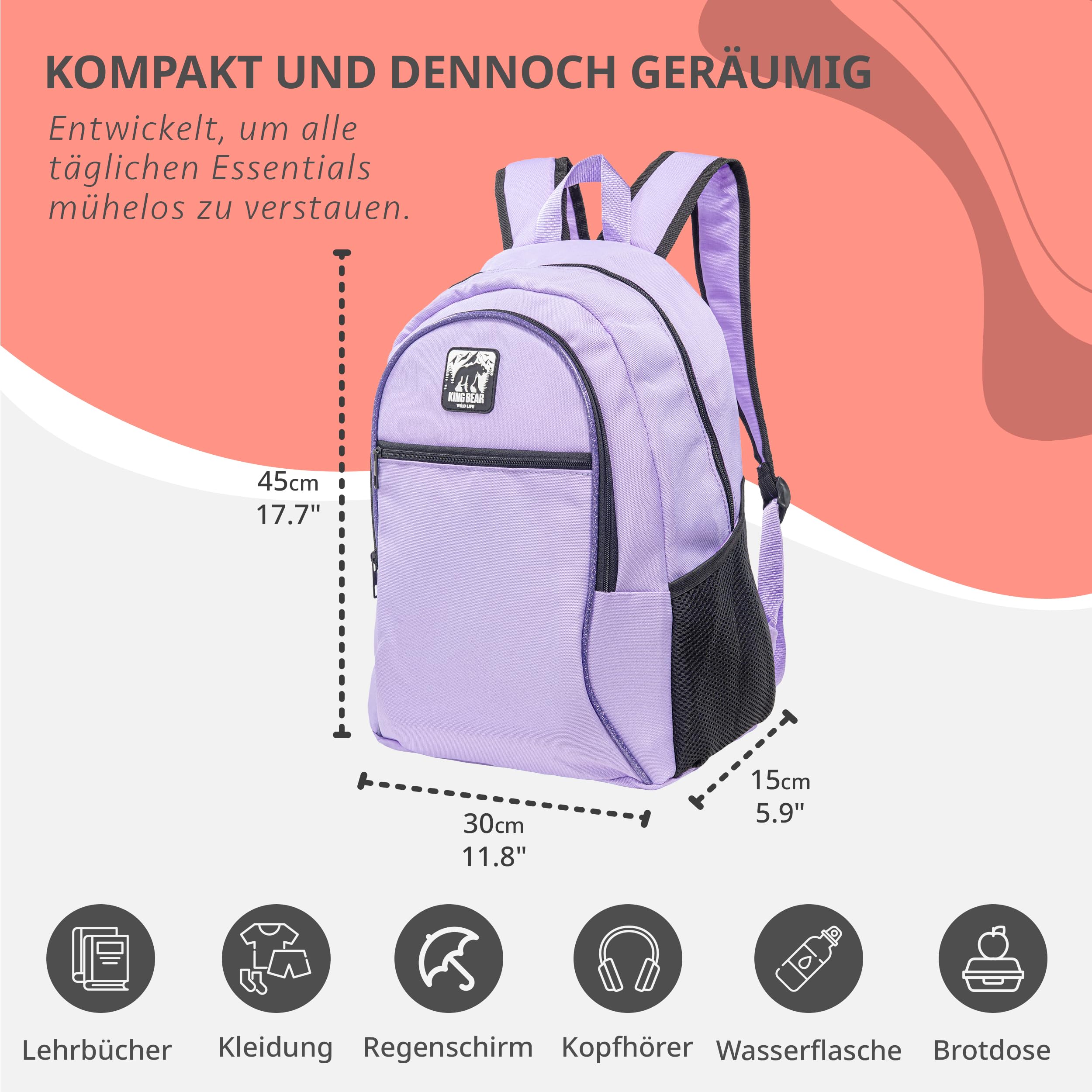 King Bear WL | Kinder Schulrucksack für Jungen Mädchen | 20 L Volumen | 3 Fächer für Grundschule & Weiterführende Schule | Wasserabweisend | Tagesrucksack