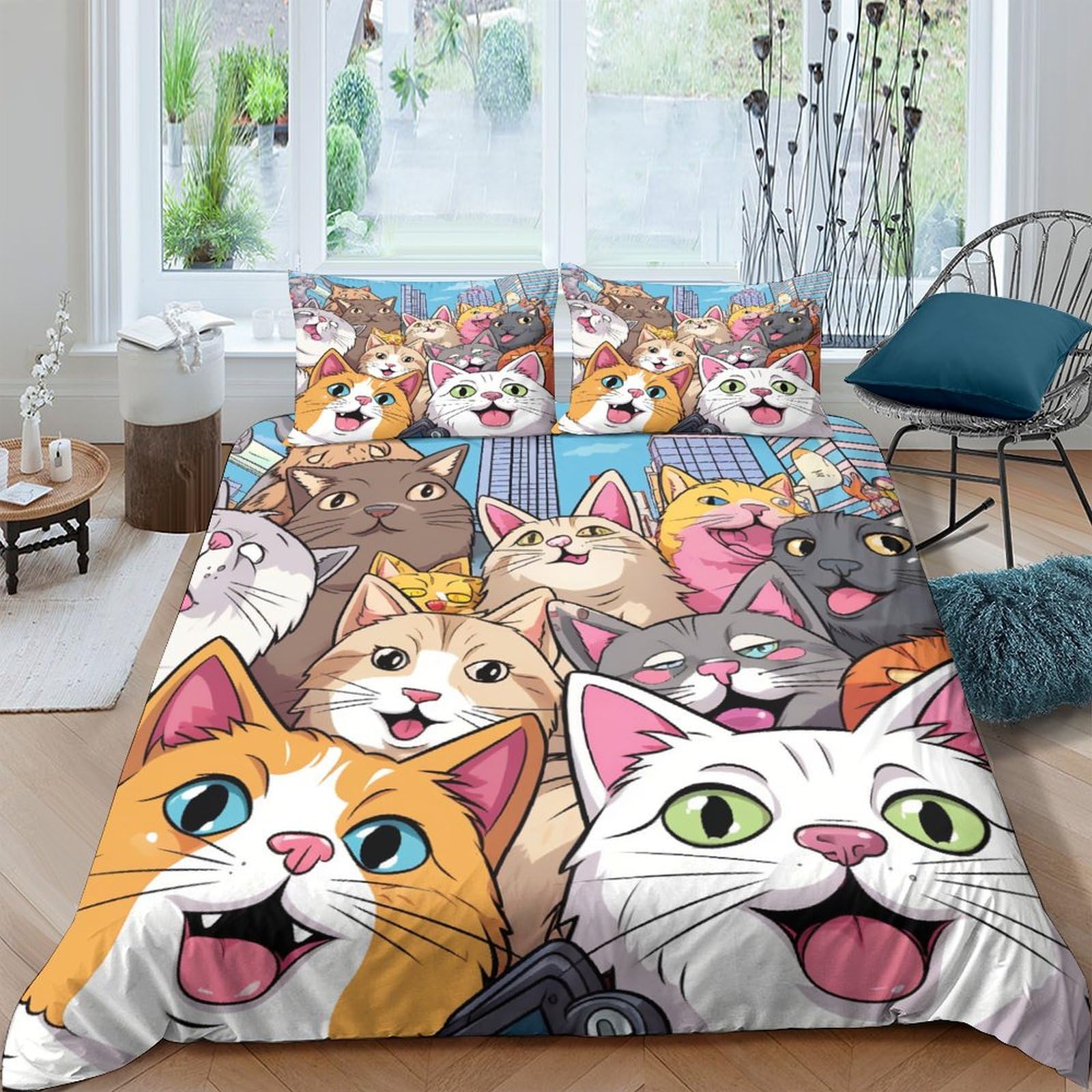 Housse de couette chat 3D anti-plis 200x200 en microfibre douce sans repassage