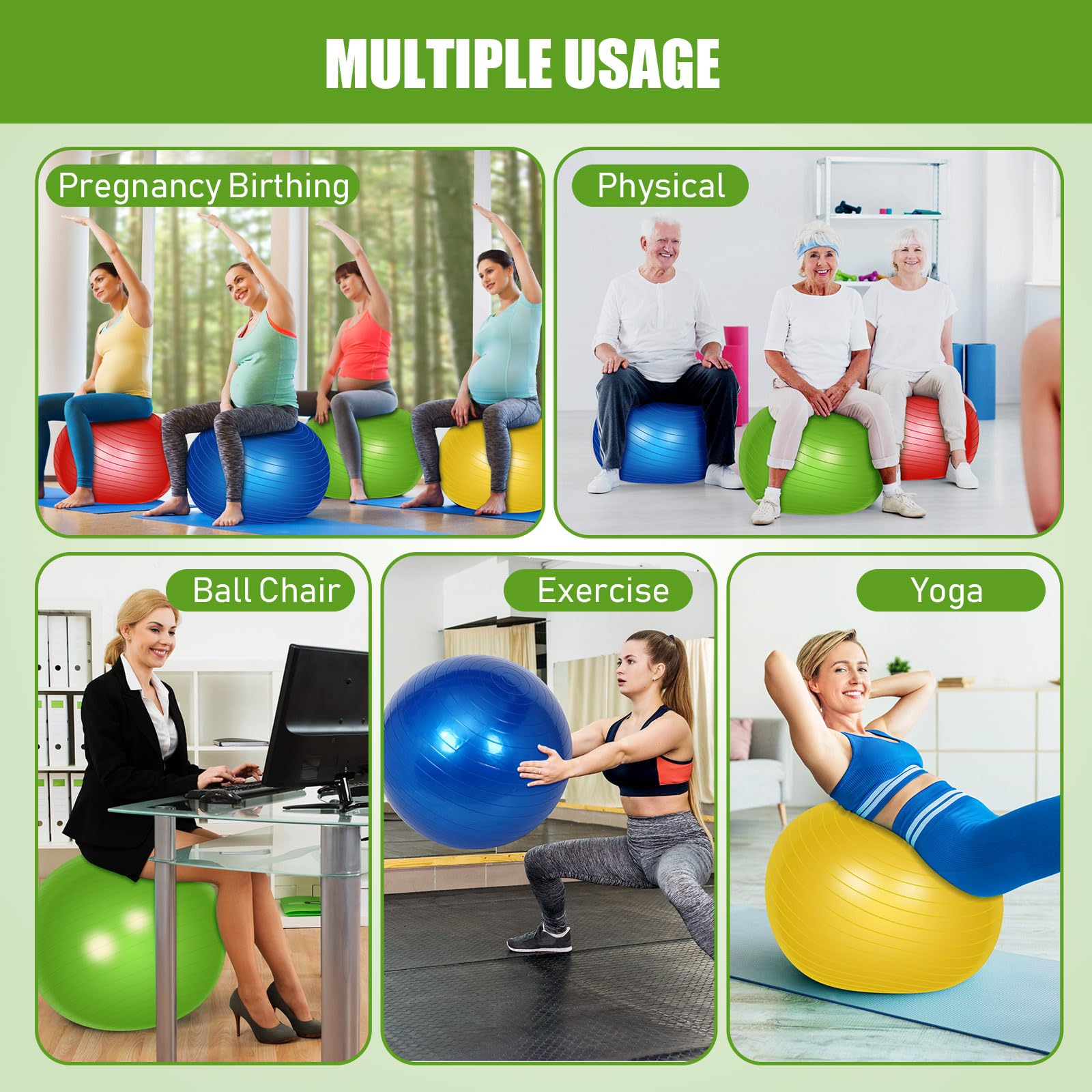 Leyndo 4 palline da yoga, pilates, anti scoppio per gravidanza, parto, fitness, con pompa rapida per migliorare la postura, equilibrio, yoga, pilates, allenamento (colore brillante, 76,2 cm)
