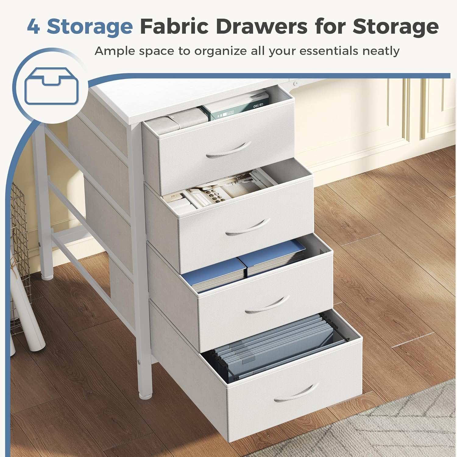 DUMOS Computer Desk with 4 Drawers,4 Drawer Gaming Desk with Power Outlets and LED Lights,Office Desk for Small Spaces with Monitor Shelf,Writing Desk for Home Office, Bedroom,Study 39 Inch White