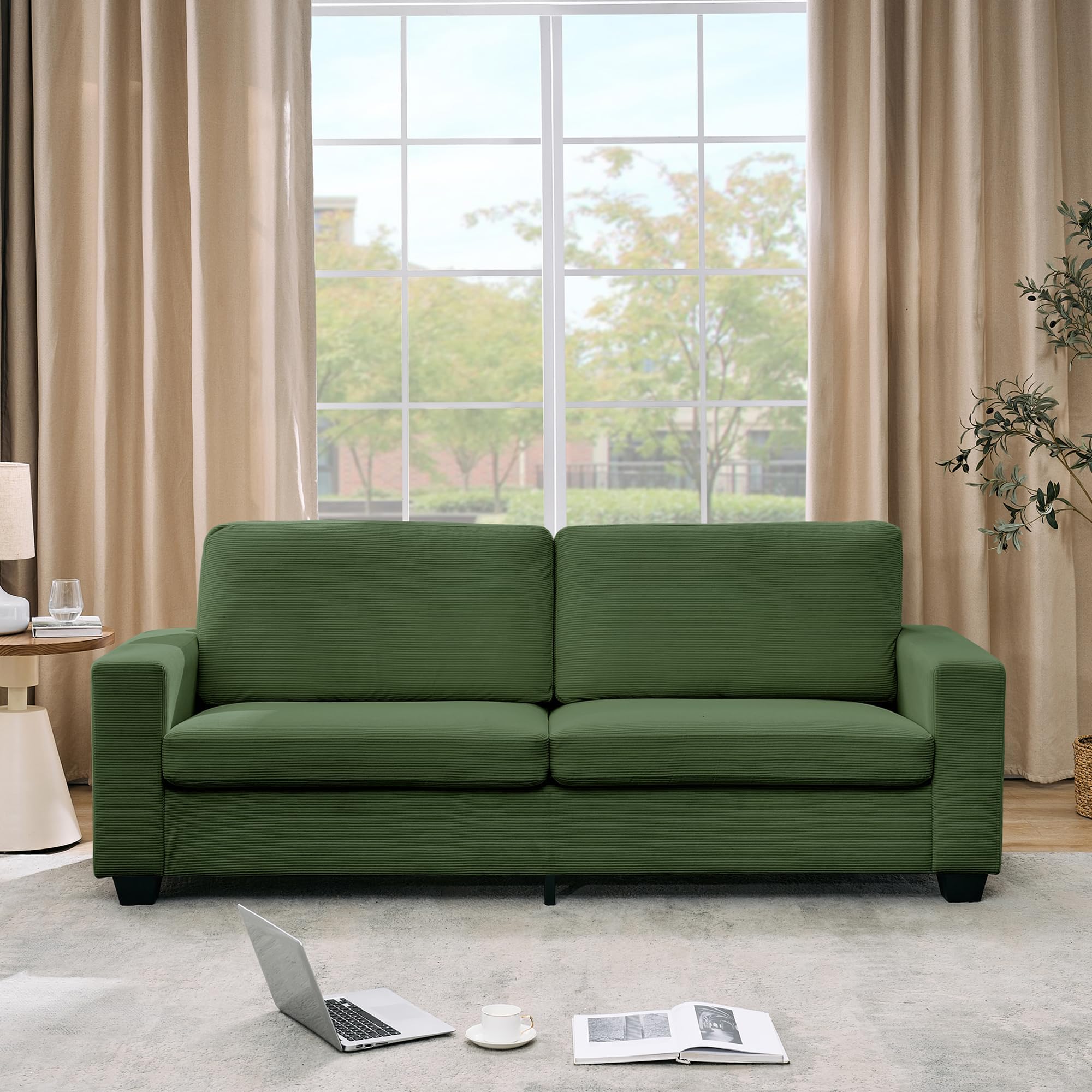 Modern Loveseat Sofa Couches for Living Room, 83" Boneless Comfy Corduroy Sofa for Apartment, Bedroom or Office, Soft Upholstered Couch Compact Spaces, Deep Seats, Wood Frame, Removable Cover Green