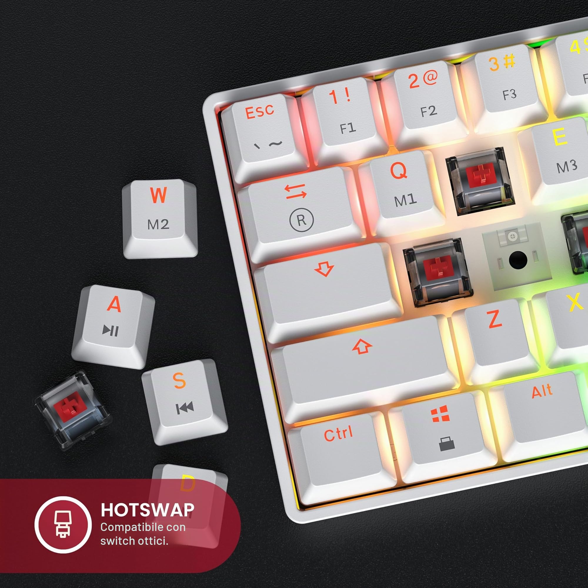 GK61, Tastiera meccanica da gaming, 61 tasti multicolore RGB, retroilluminata con illuminazione a LED, con cavo, programmabile, cablata, per giocatori su PC e Mac (layout italiano non garantito