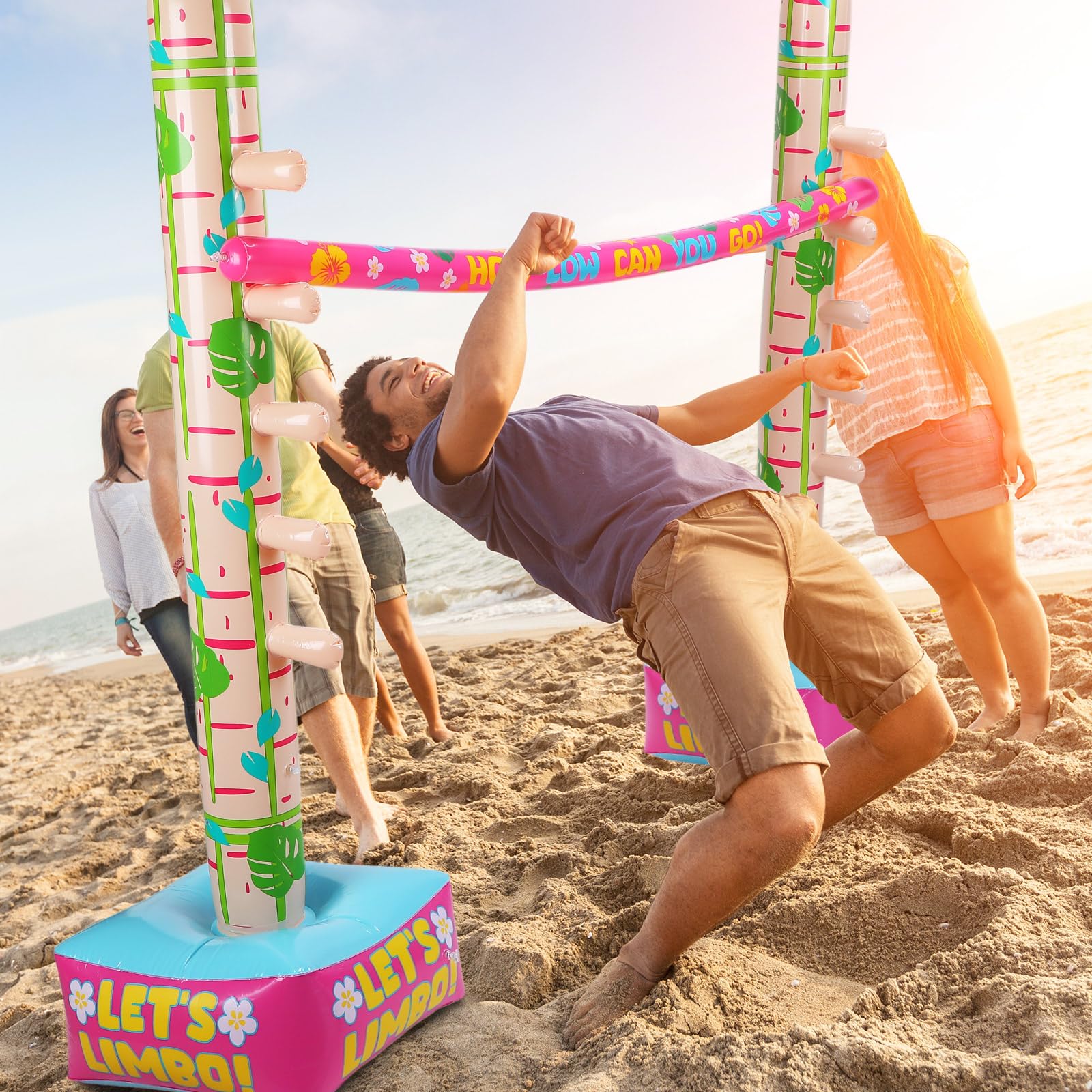 Gioco estivo gonfiabile limbo con foglie di palma, gioco per feste per ragazzi ragazze e adulti divertente decorazione gonfiabile tropicale per interni ed esterni picnic spiaggia piscina