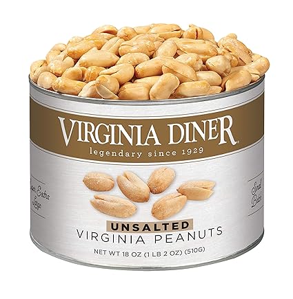 Virginia Diner Unsalted Virginia Peanuts - XL Gourmet Natural Peanuts Non-GMO, Preservative Free Gifts from Virginia Since 1929-18 Oz Can