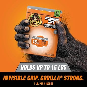 GORILLA Invisible Hold Mounting Tape, Clear, 1 x 150, 1-Pack | Holds up to 15 lbs, Clear Double-Sided Tape for Strong, Permanent Bond, Discreet Adhesive for Classroom and Study Space Setup