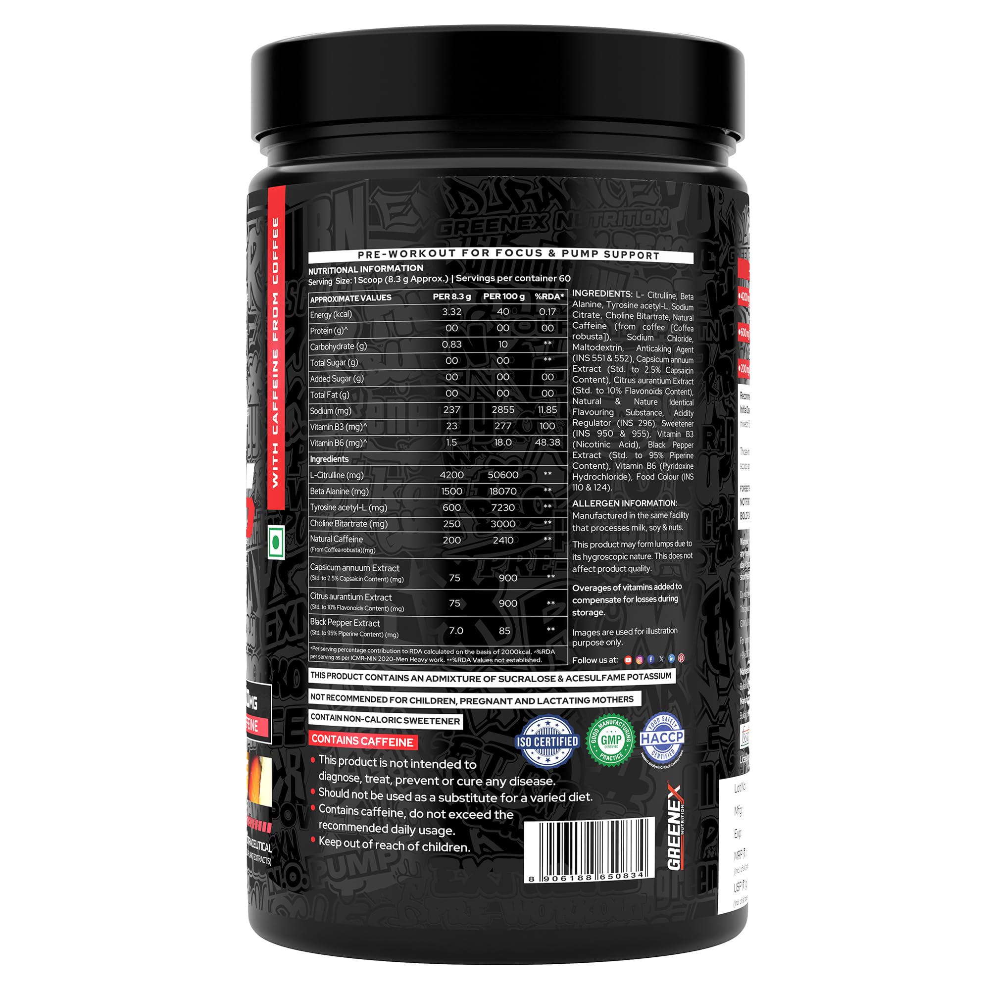 Greenex Nutrition (GXN) N.O. Pump 500g Pre Workout Supplement | 4000mg Beta Alanine, 2500mg L Citrulline & 250mg L Arginine | 60 Servings | Exotic Fruit | For Muscular Endurance 1