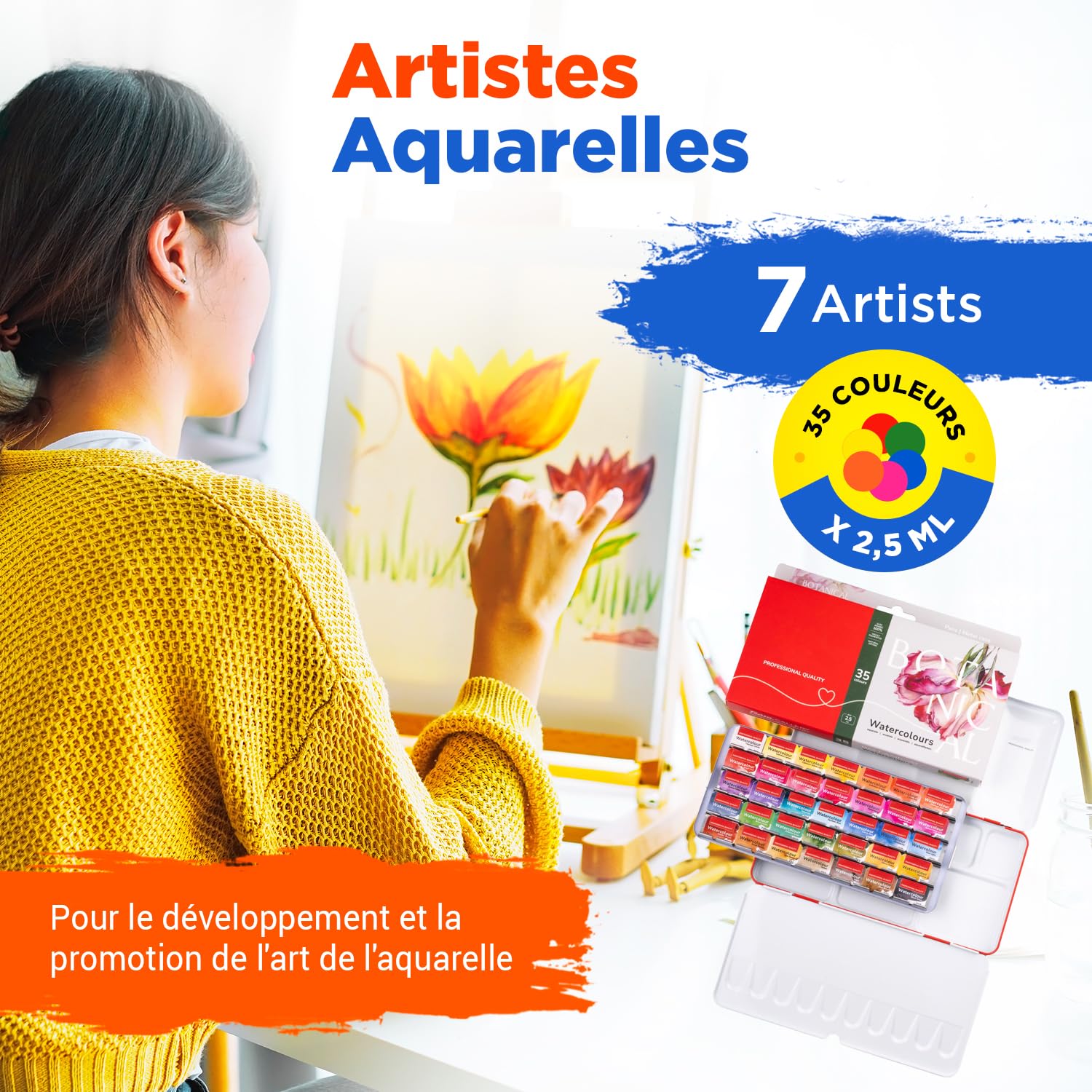 Kit Aquarelle Peinture – 35 x Godet Aquarelles Professionnelle Extra Fine Botanique | Palette Aquarelle Adulte Portable pour Voyage et L’atelier D’artiste | Coffret en Métal