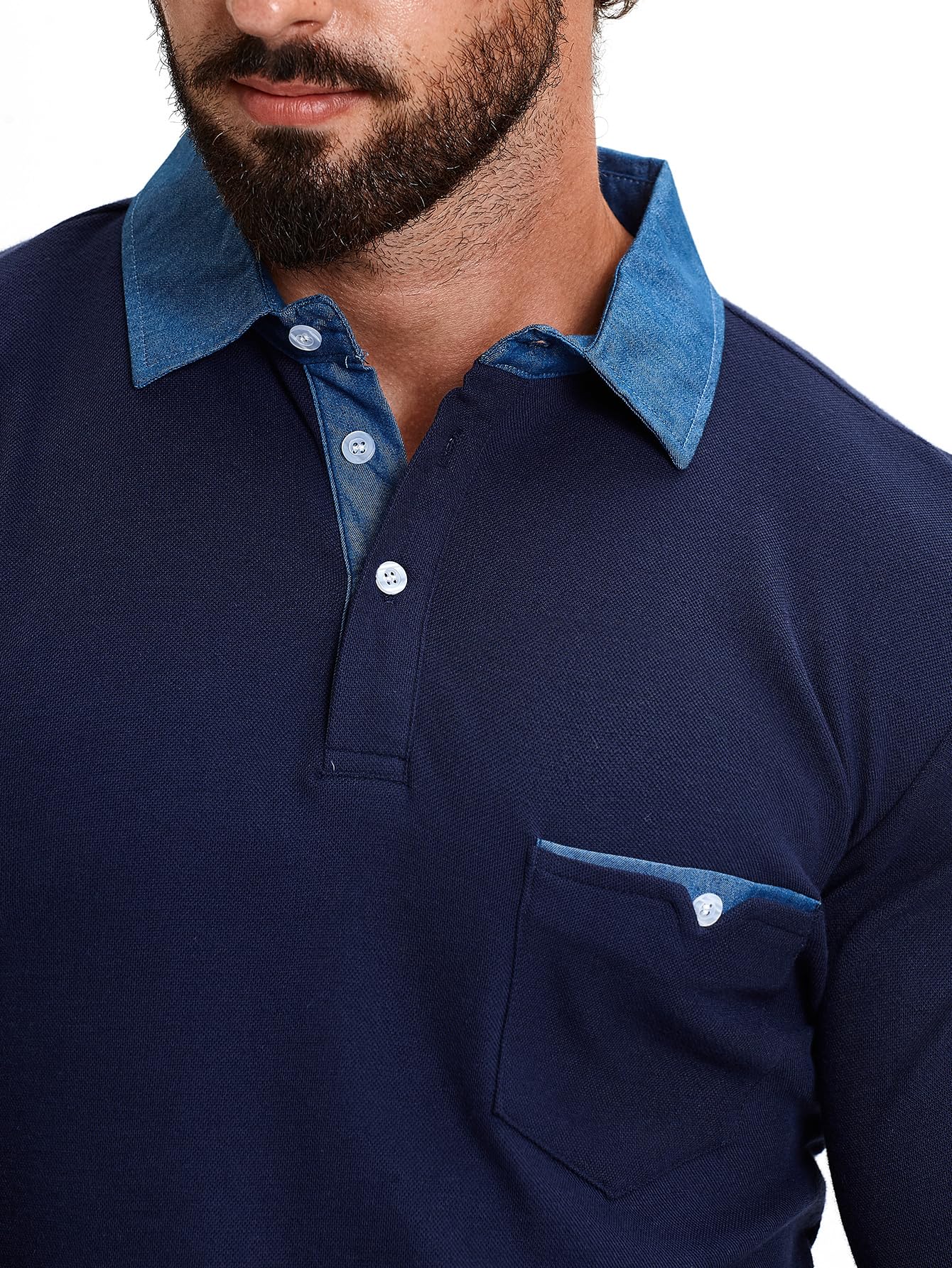 KUNJLELP Polo Camicia Uomo Manica Lunga Maglietta con Colletto in Denim Casuale Cotton Inverno Golf T-Shirt