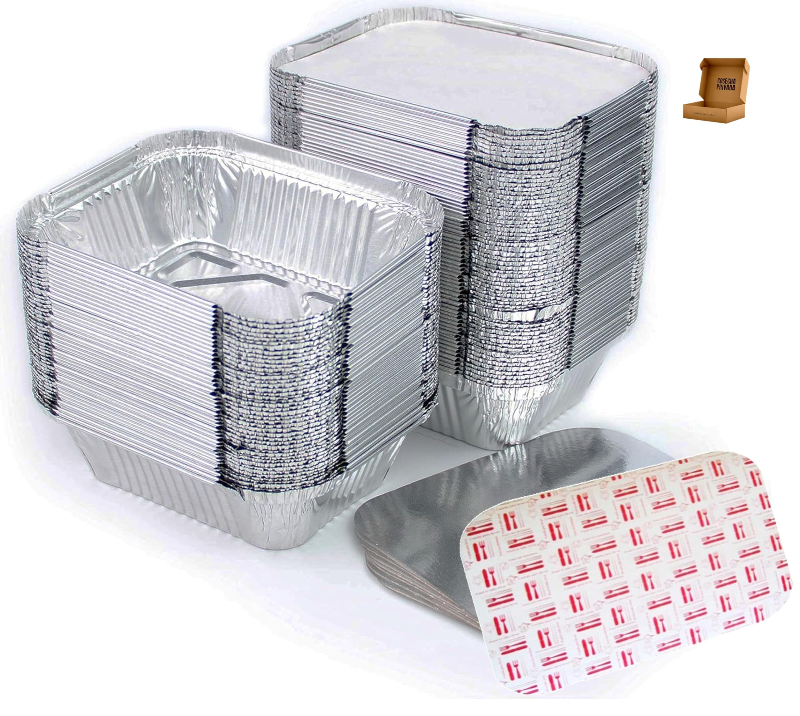 Confezione da 100 contenitori in alluminio con coperchio, spedizione 24 ore, vassoi usa e getta con coperchio per trasportare alimenti, congelare, cuocere (440 ml)