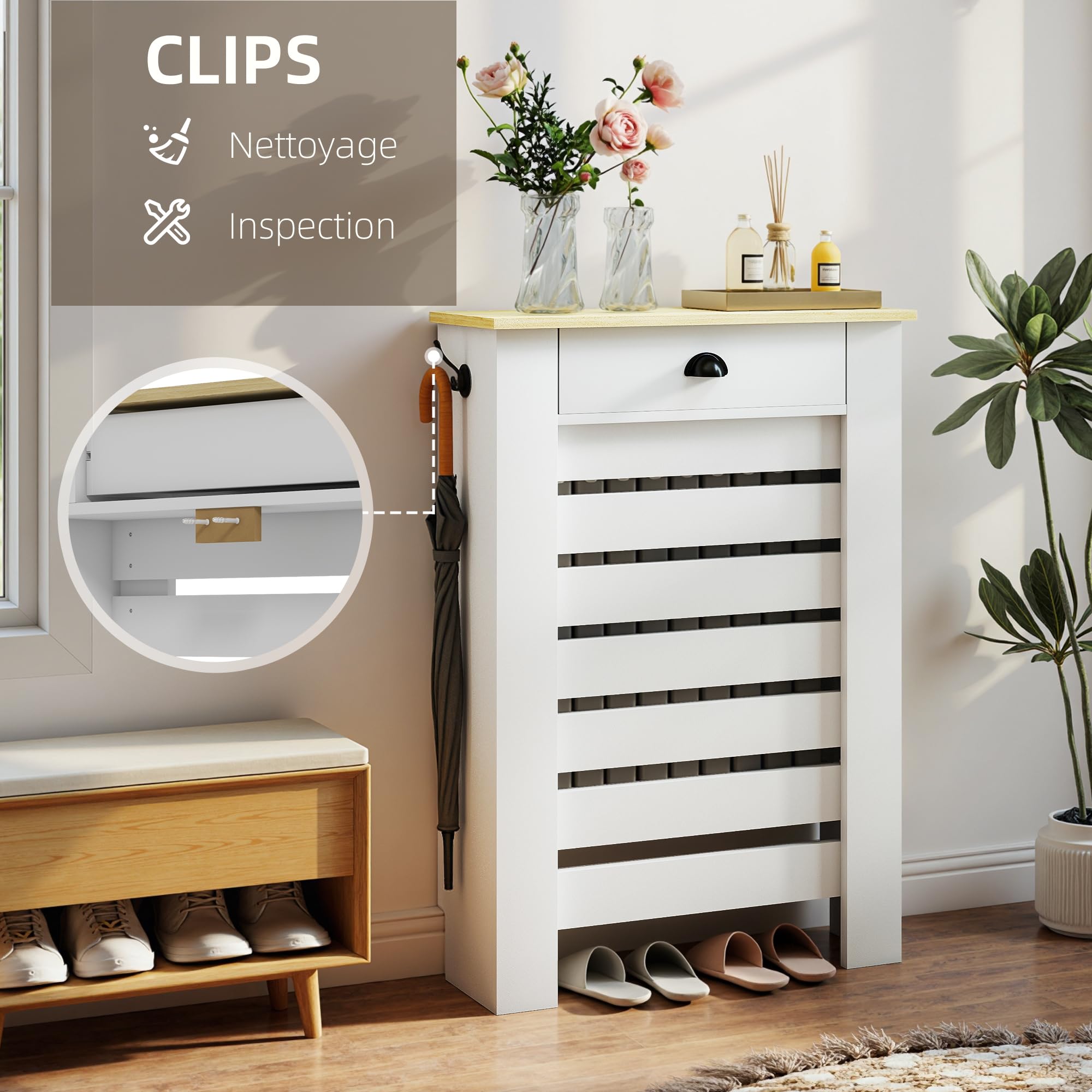 HOMCOM Couvercle de radiateur, cache radiateur, grille à lattes horizontales, avec tiroir, pour salon, chambre à coucher, couloir, en bois, 78 x 19 x 95,5 cm, blanc