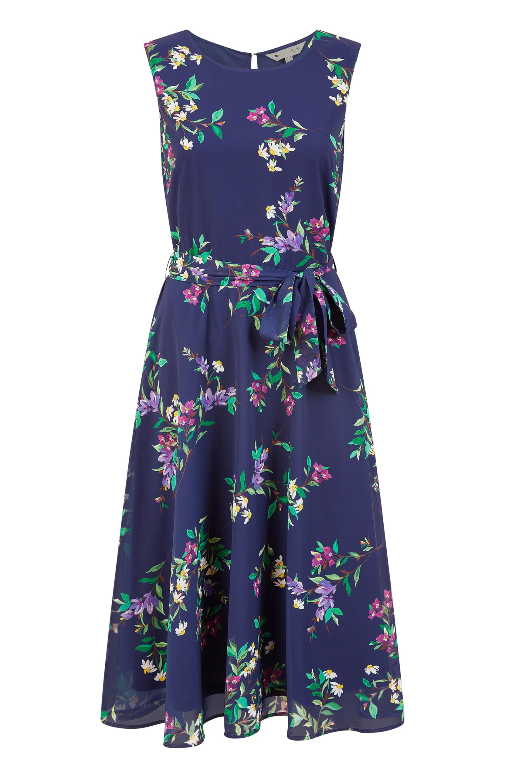 Yumi Women's Navy Floral Print Midi Skater Dress, Round Neckline, Self-Tie Belt, 117.5 Cm Length (Uk, Numeric, 14, Regular, Regular, )