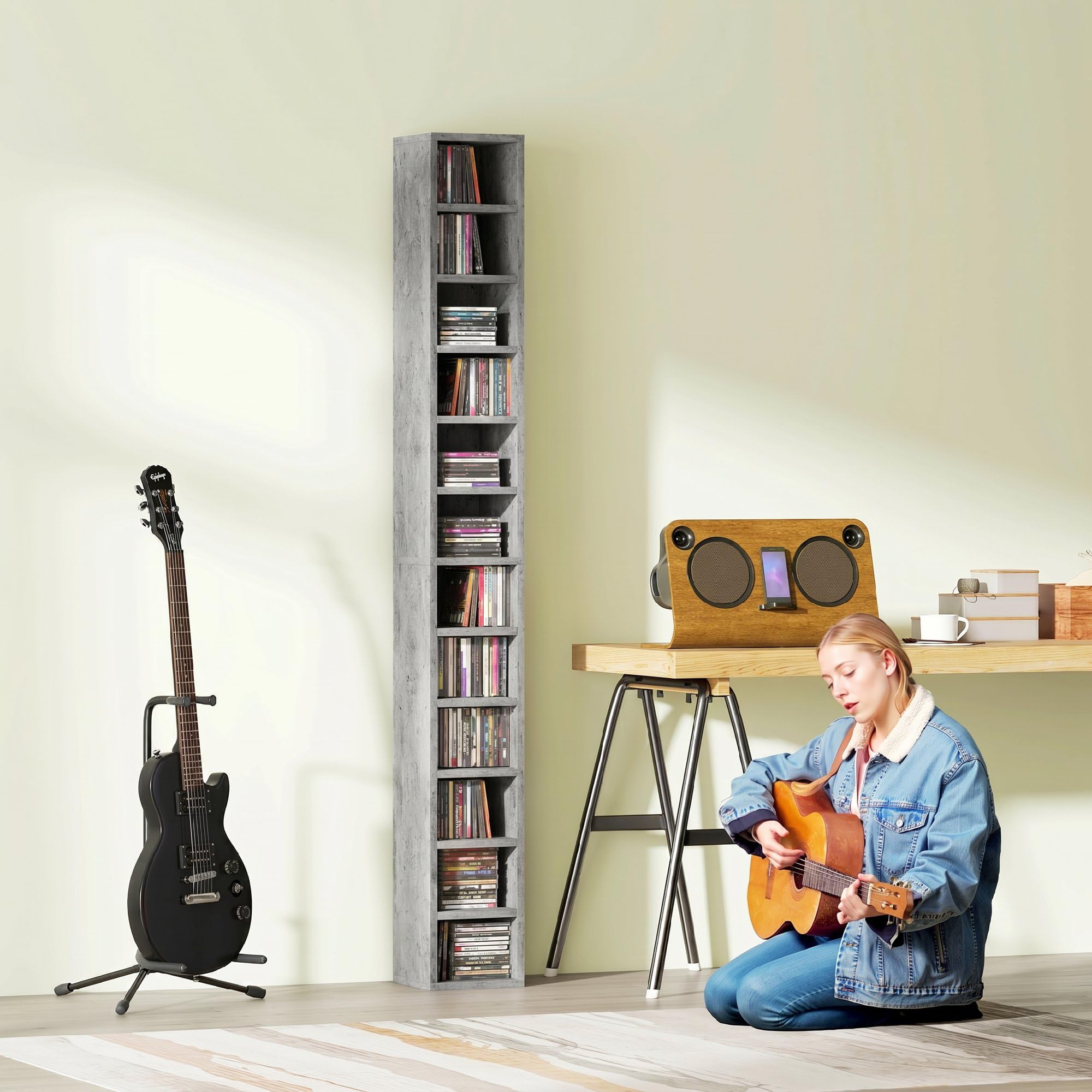 HOMCOM CD-Möbel mit 12 Ebenen, Regal für 204 CDs, platzsparend, für Wohnzimmer, Schlafzimmer, Büro, 21 x 20 x 175 cm, Zementgrau